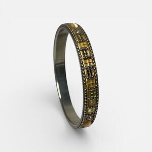 Gold Tone Slip On Bangle Bracelet Rhinestone Inlay Beaded Edge Vintage Style